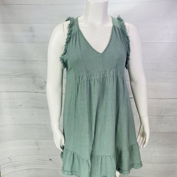 Umgee Teal Green Linen Blend V Neck Sleeveless Raw Hem Ruffle Boho Dress Sz L - Picture 3 of 13